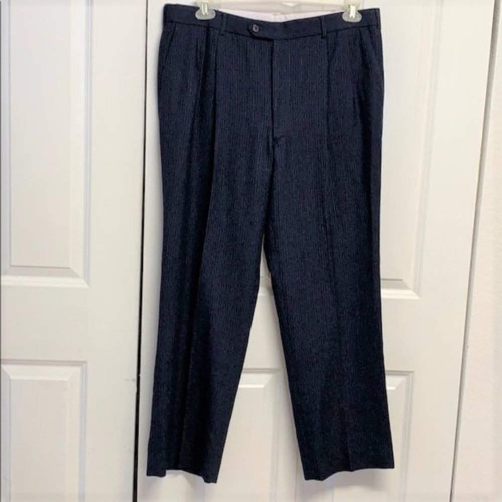 Quessco Batoni Vintage Navy Blue Pinstripe Wool Pleated Dress Pants 37 x 30